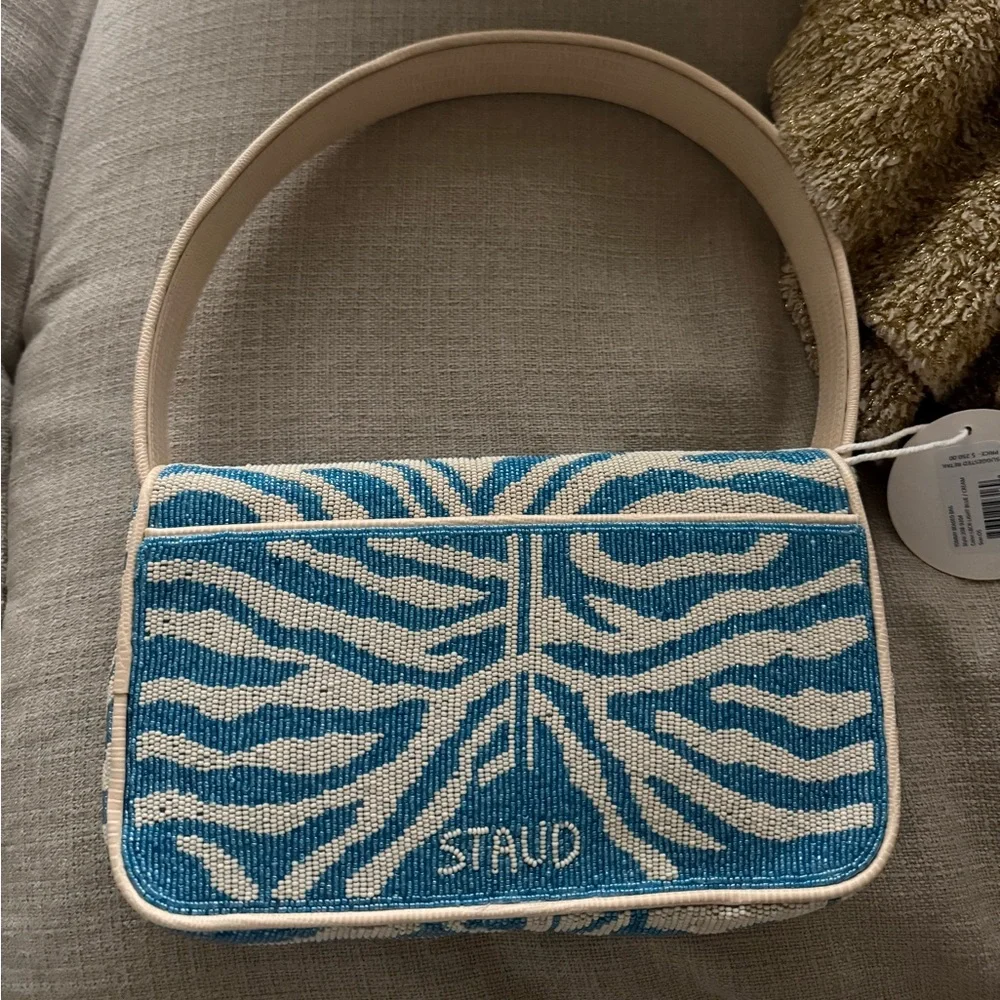 STAUD Zebra Pattern Blue and Cream Beaded Shoulder Bag - Picture 2 of 9